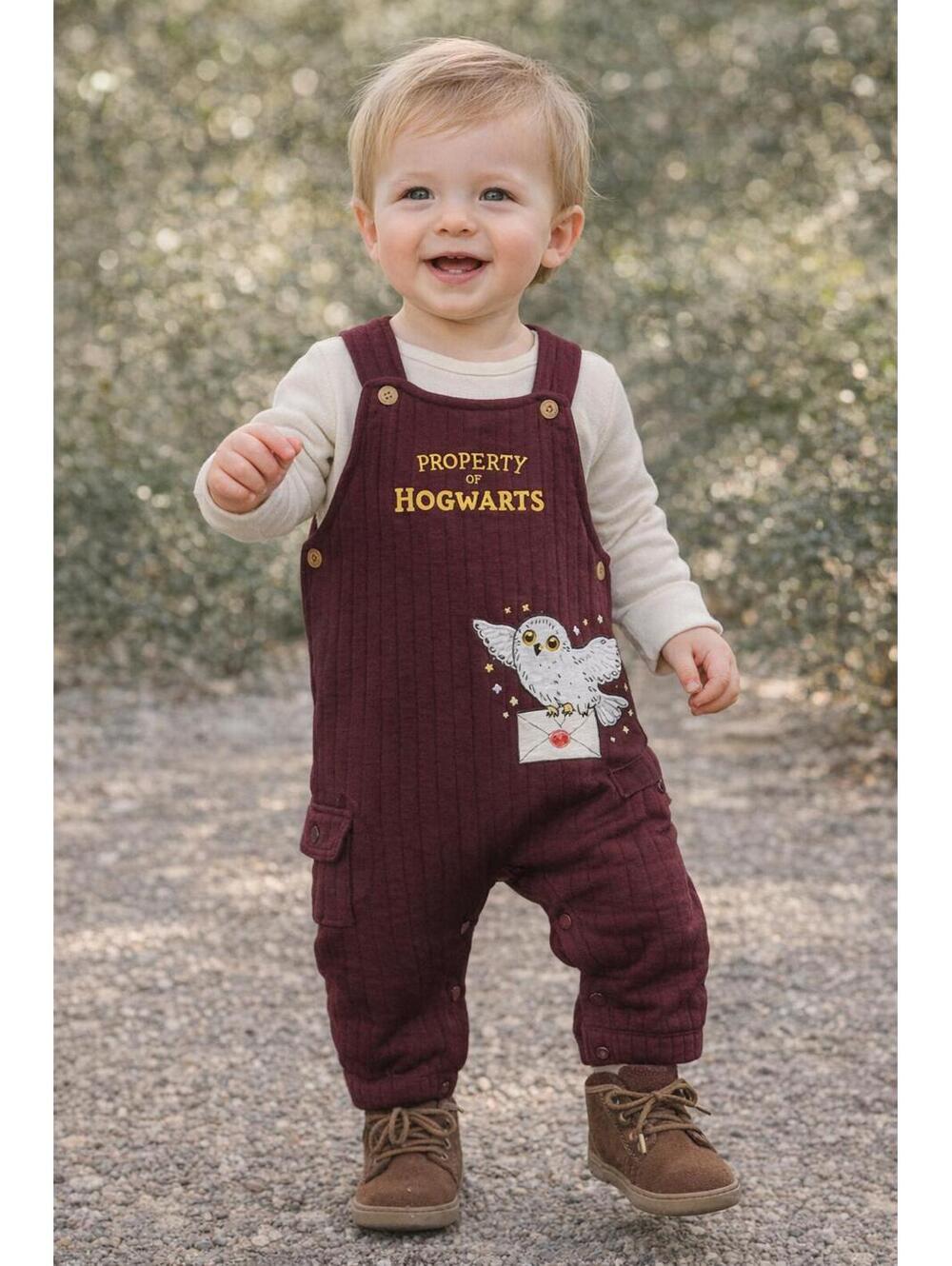 Harry Potter Property of Hogwarts Burgundy Overalls Romper Hedwig Baby 24M